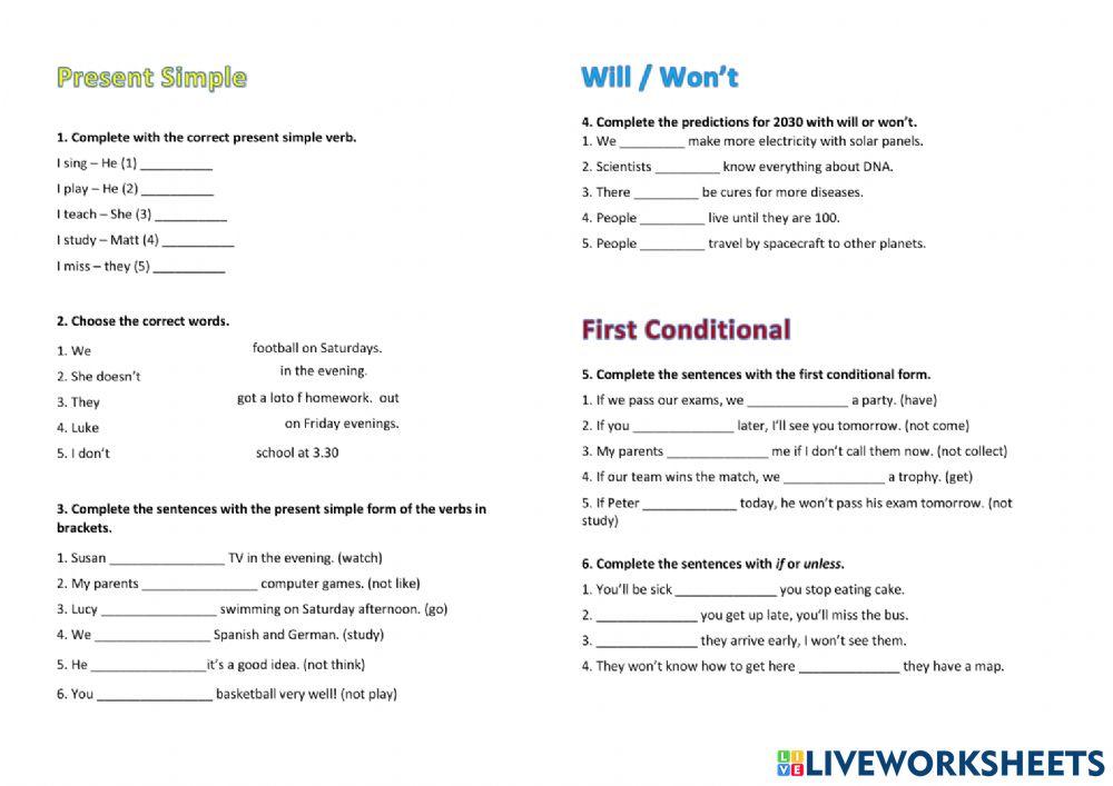 Presente Simple,will,unless online exercise for | Live Worksheets