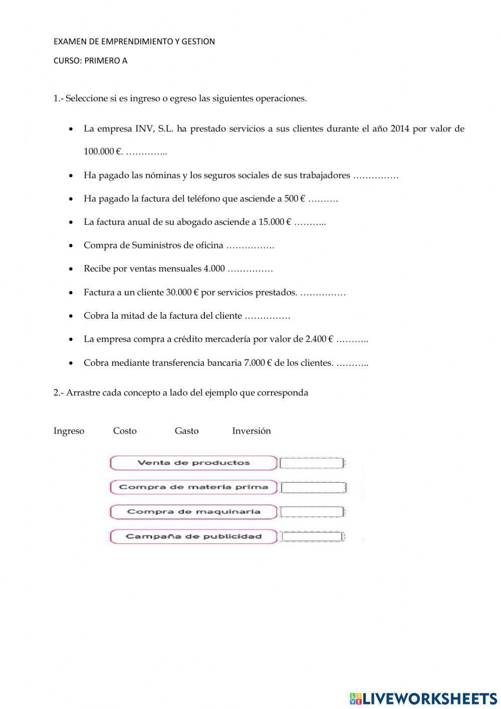 Examen quimestral de emprendimiento primero a