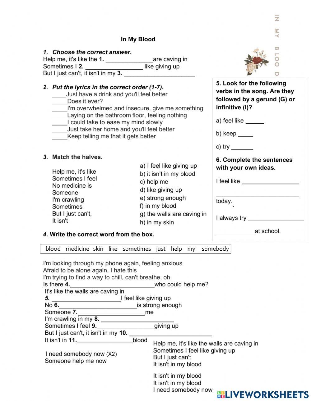 In My Blood worksheet | Live Worksheets in-my-blood-worksheet-live-worksheets