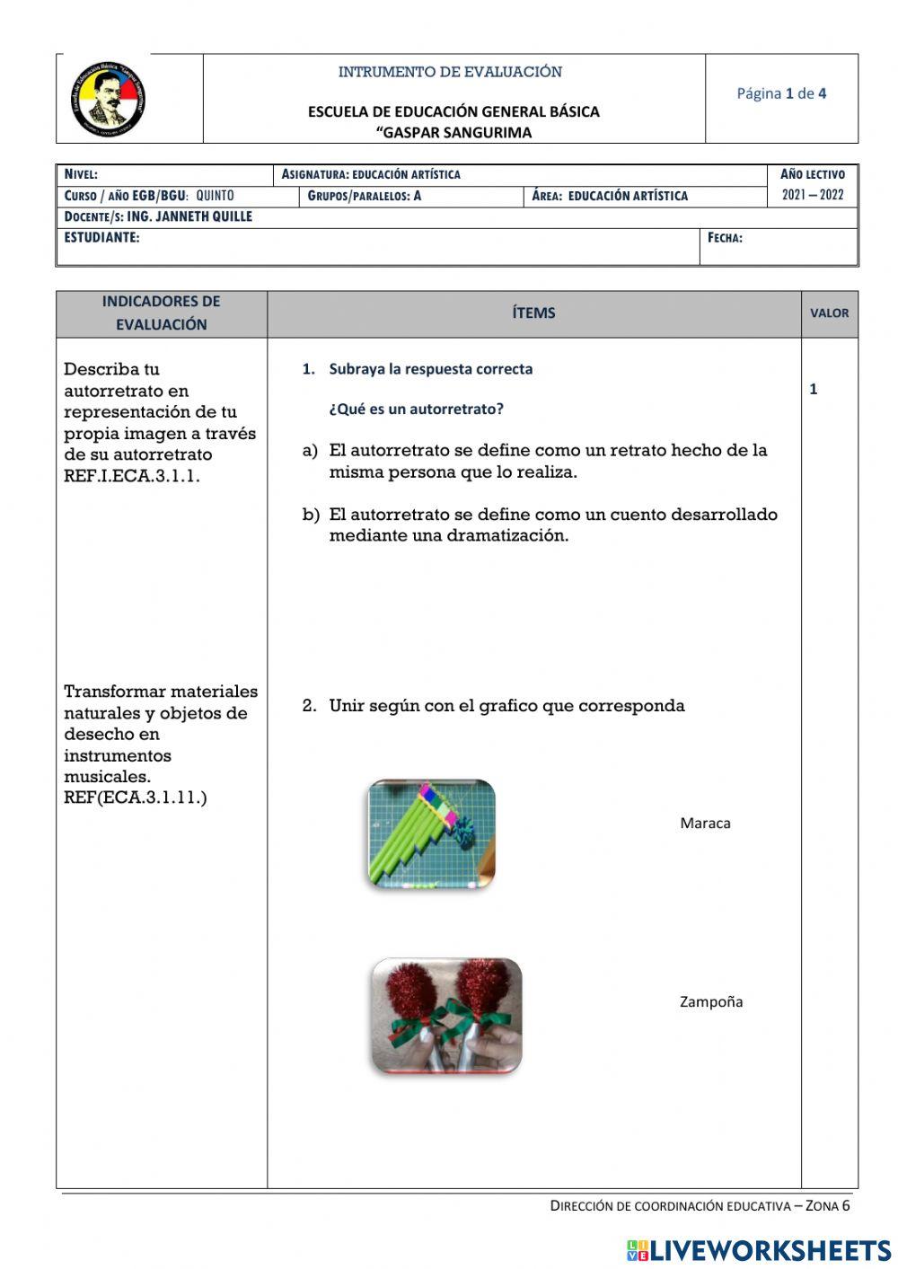 Instrumento de evaluación de quinto