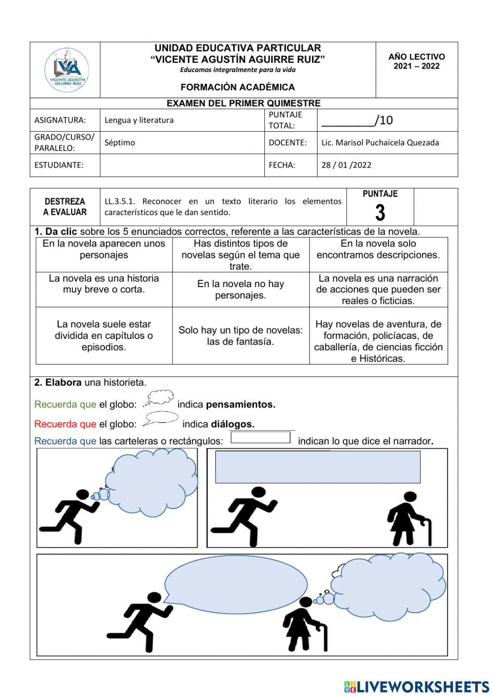 Evaluación quimestral lengua y literatuta