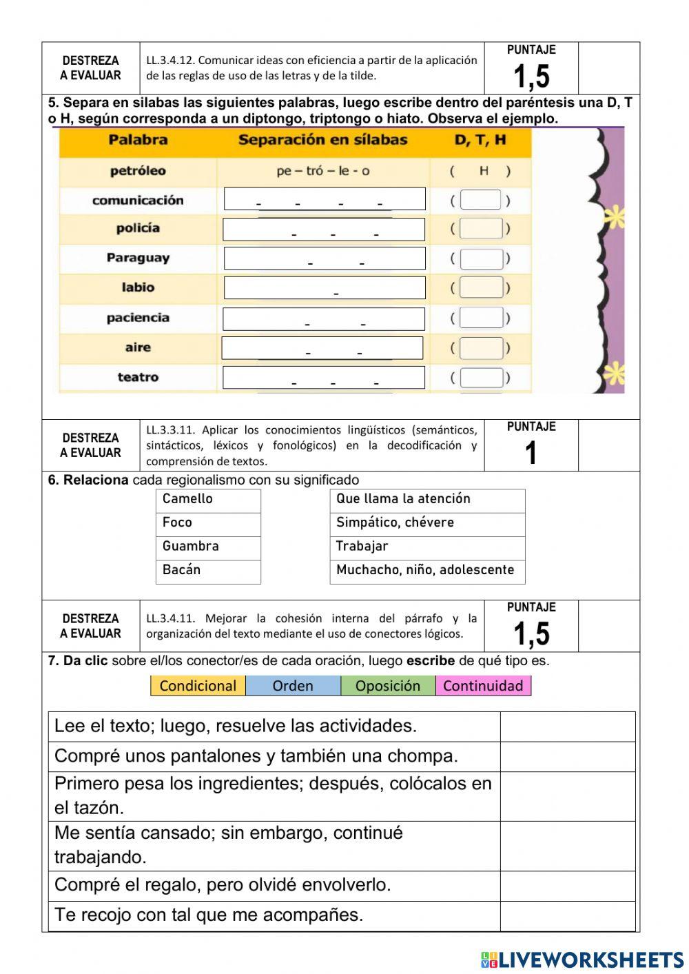 Evaluación quimestral lengua y literatuta