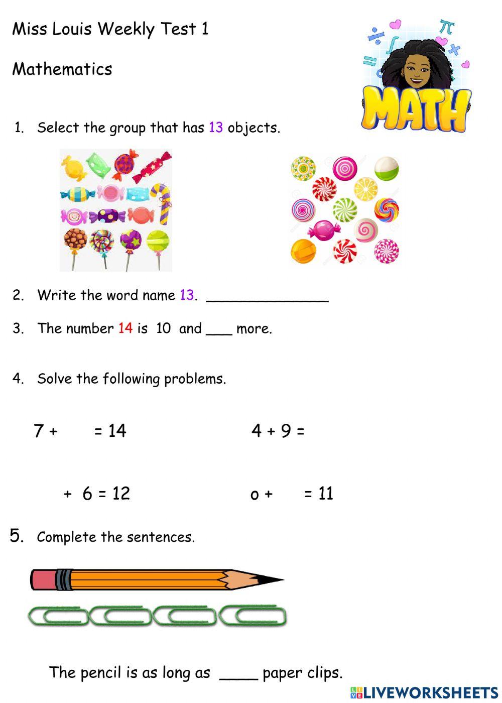 Weeky test math worksheet Live Worksheets