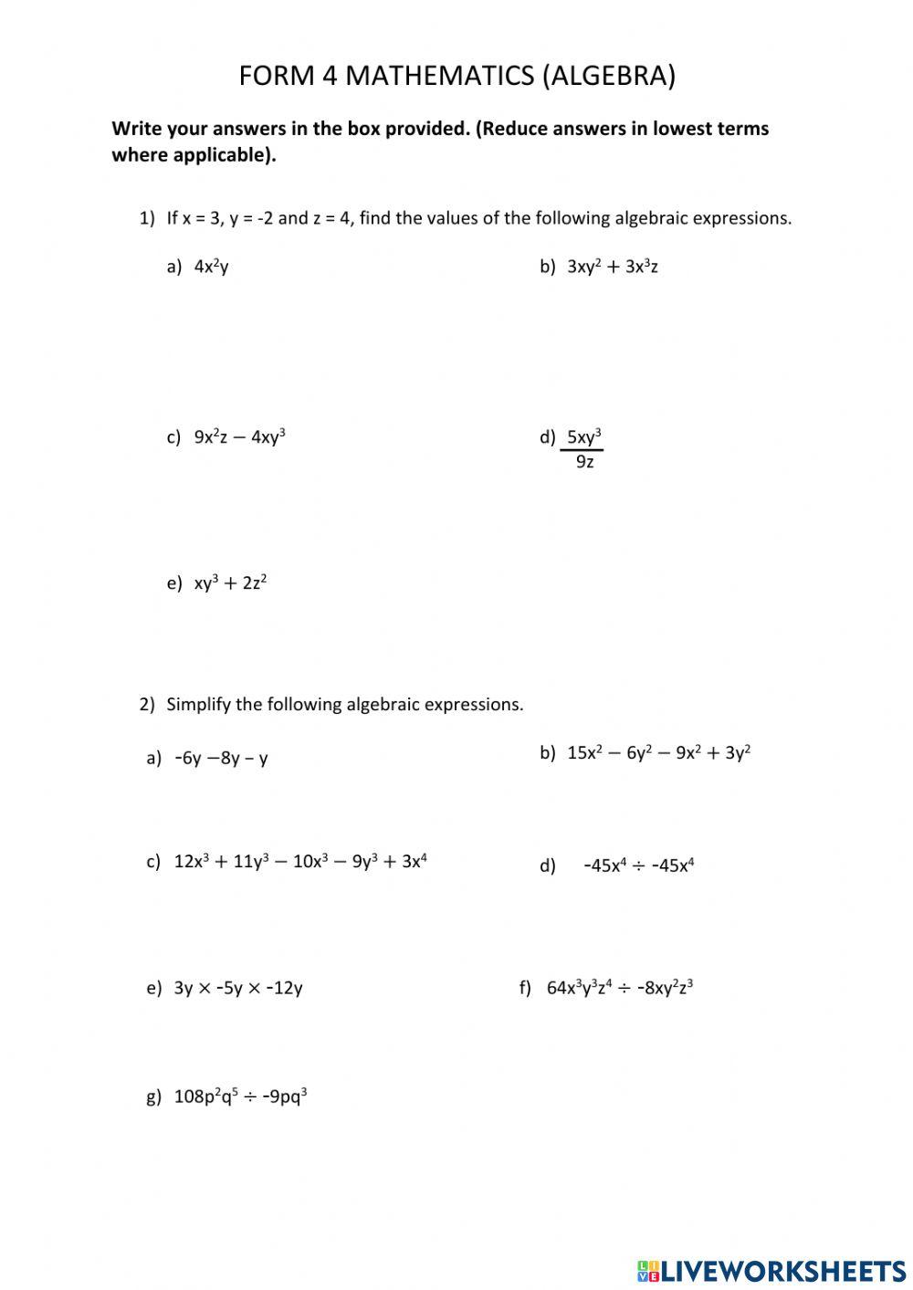 Form 4 algebra online exercise for live worksheets