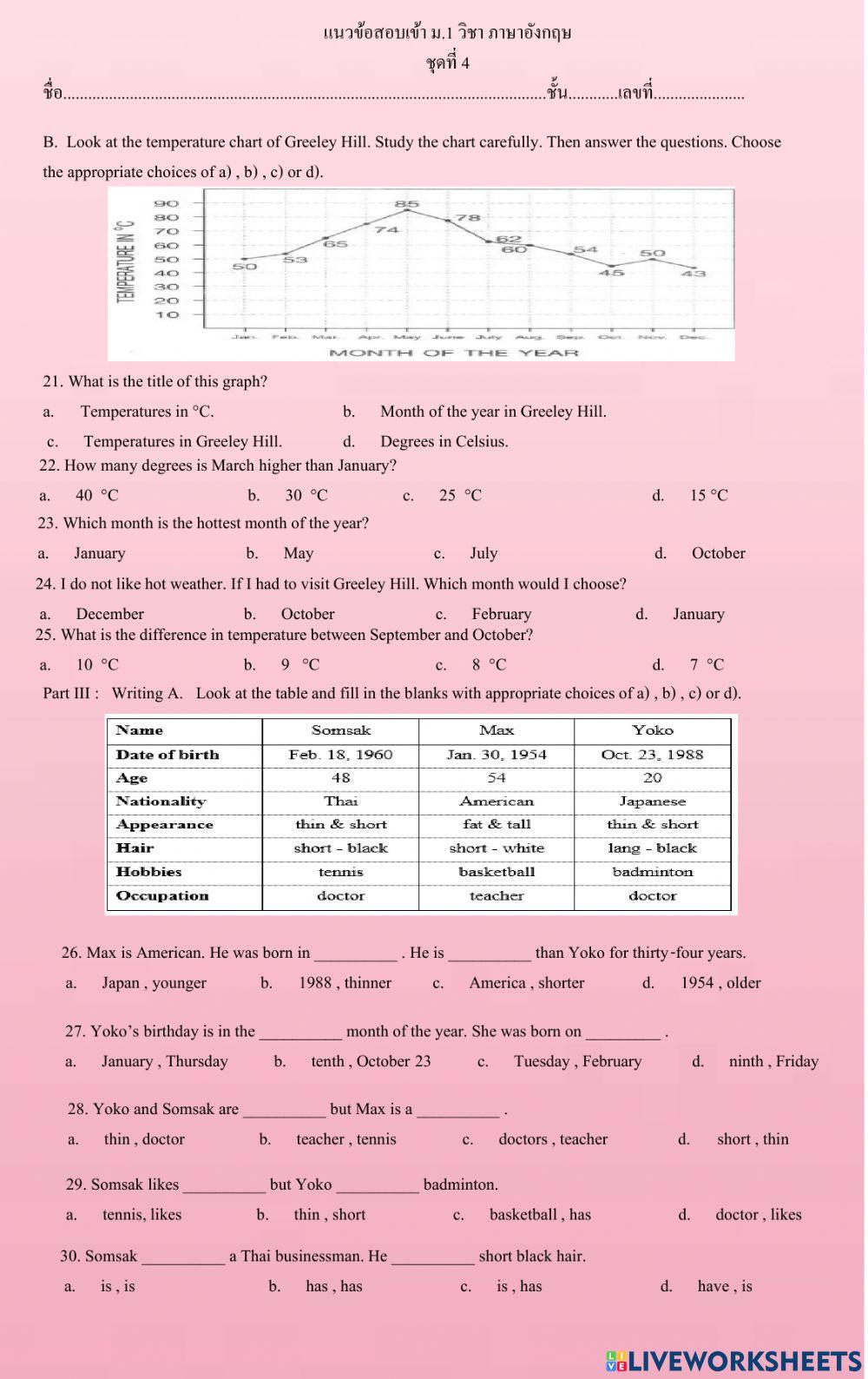 ข้อสอบเข้า ม.1 ชุด 4 ข้อ 21-40