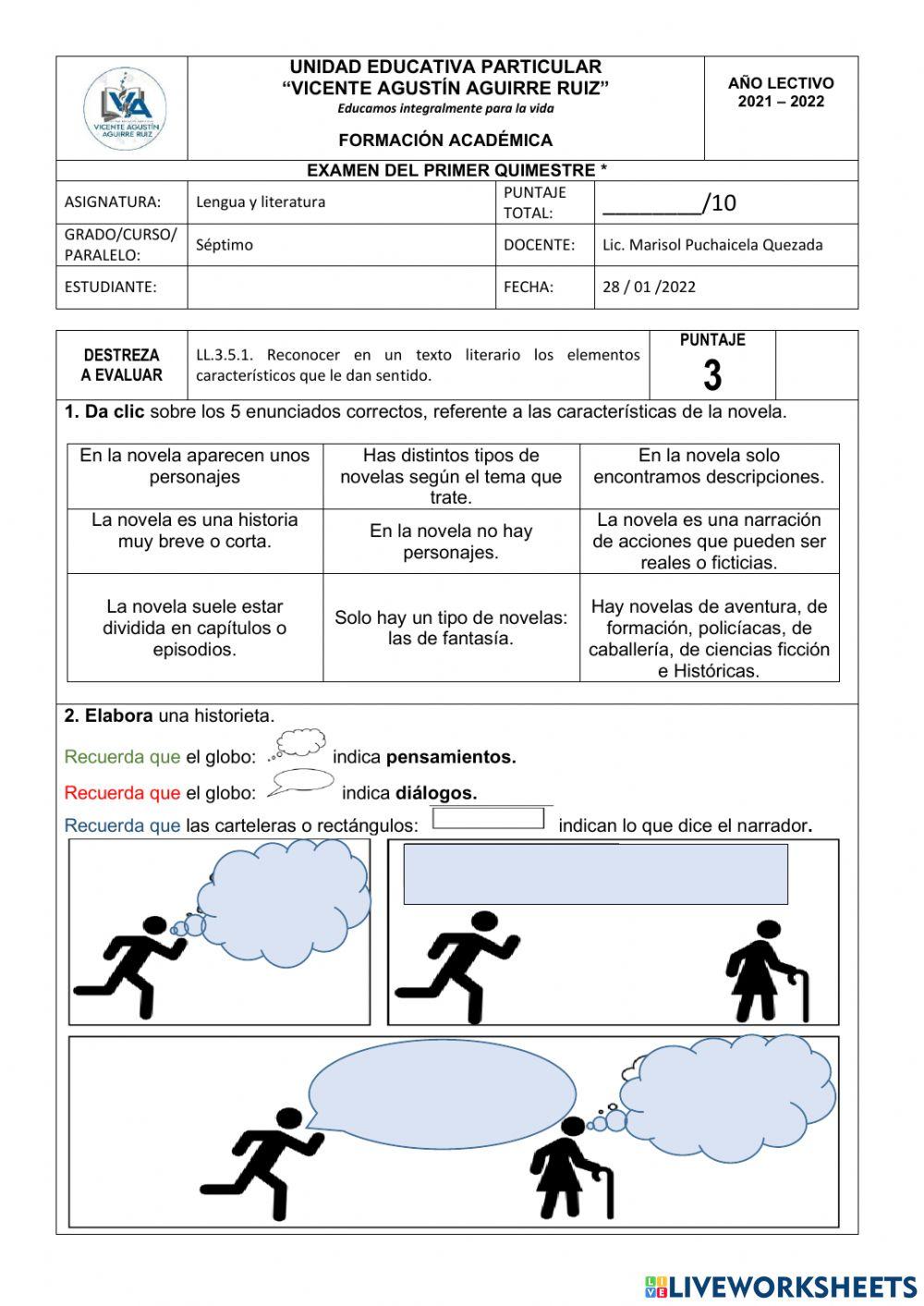Evaluación quimestral Lengua