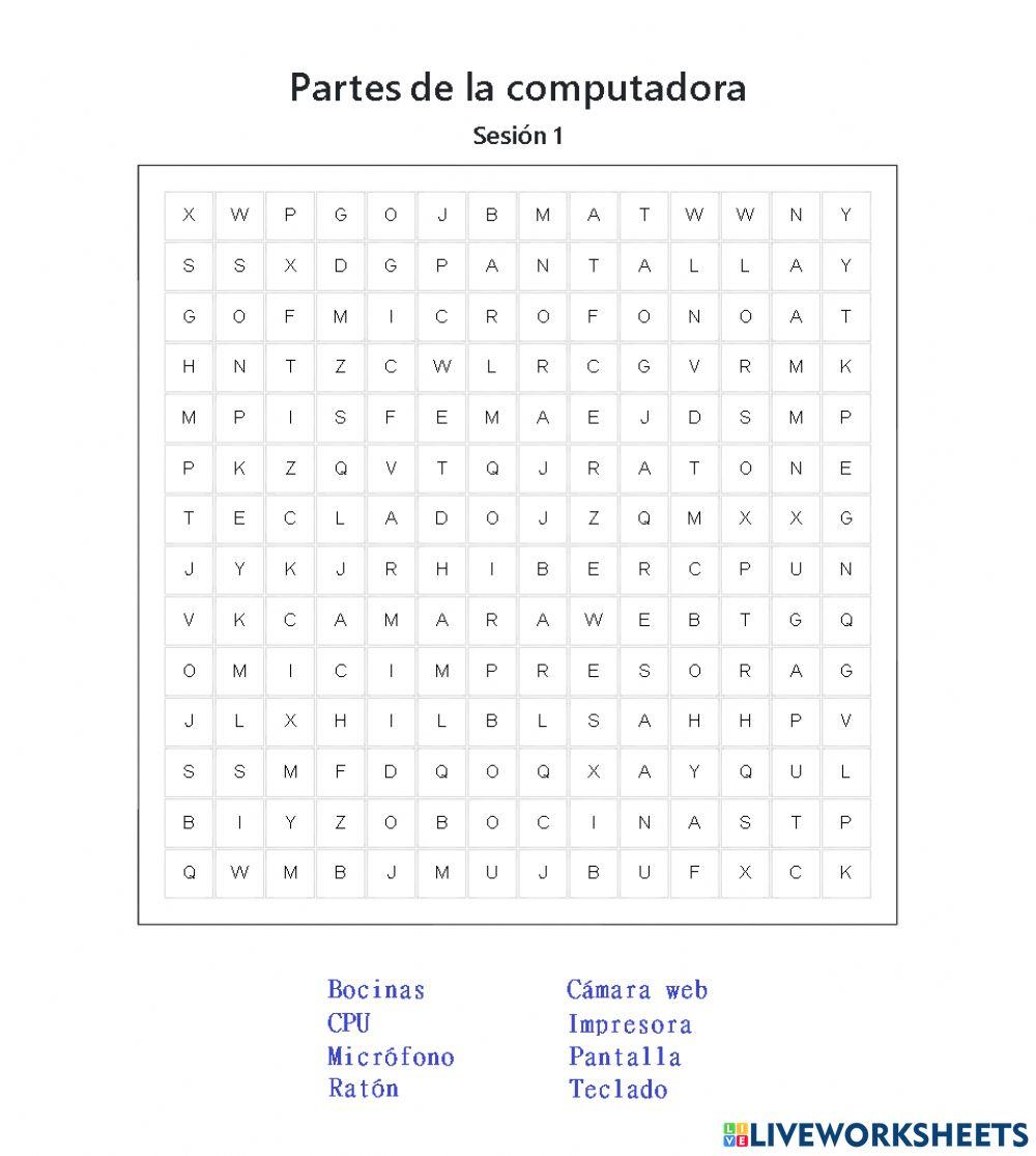 Sopa de letras Partes de la computadora