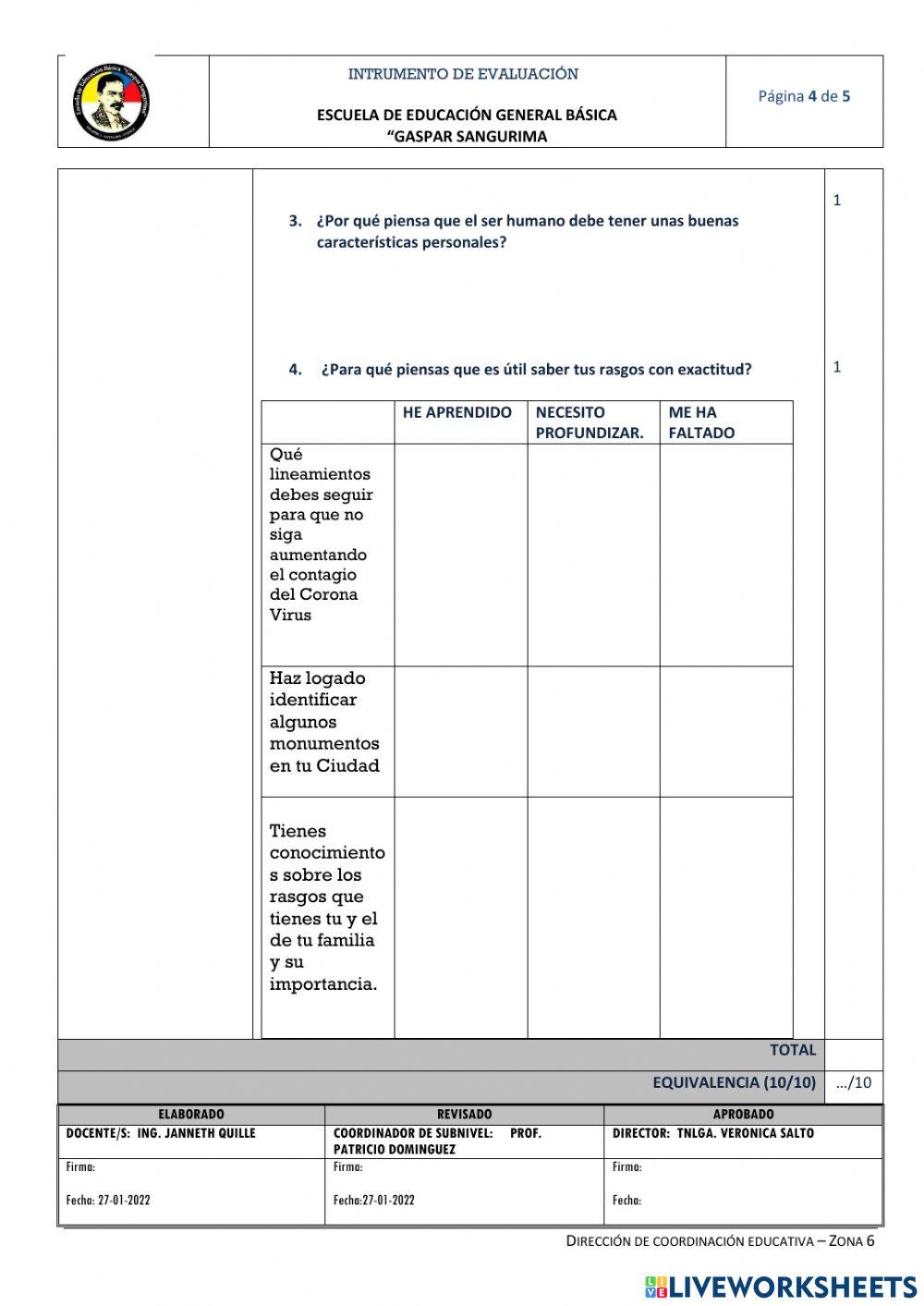 Instrumentos de evaluación de cuarto grado
