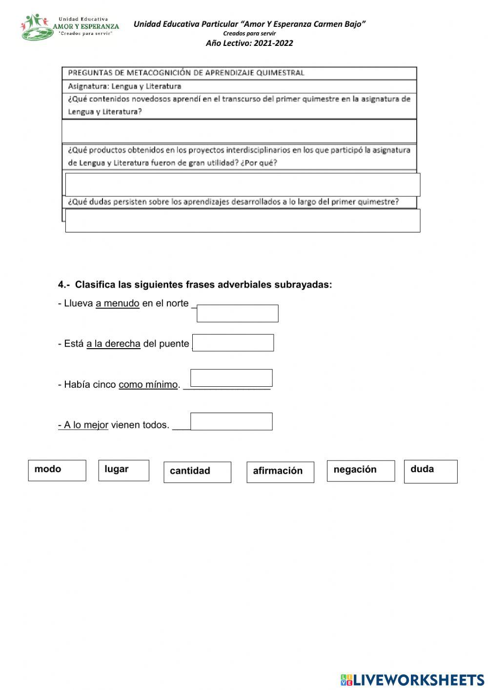 Prueba quimestral de lengua y literatura