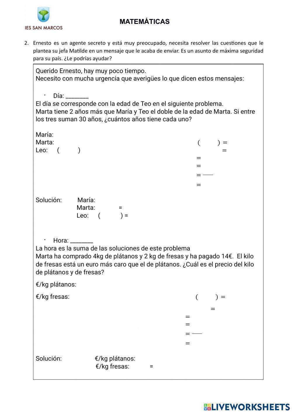 Prueba escrita Ecuaciones primer grado