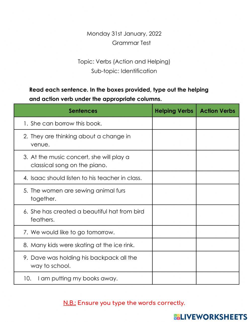 Grammar Test - Verbs (Action and Helping)