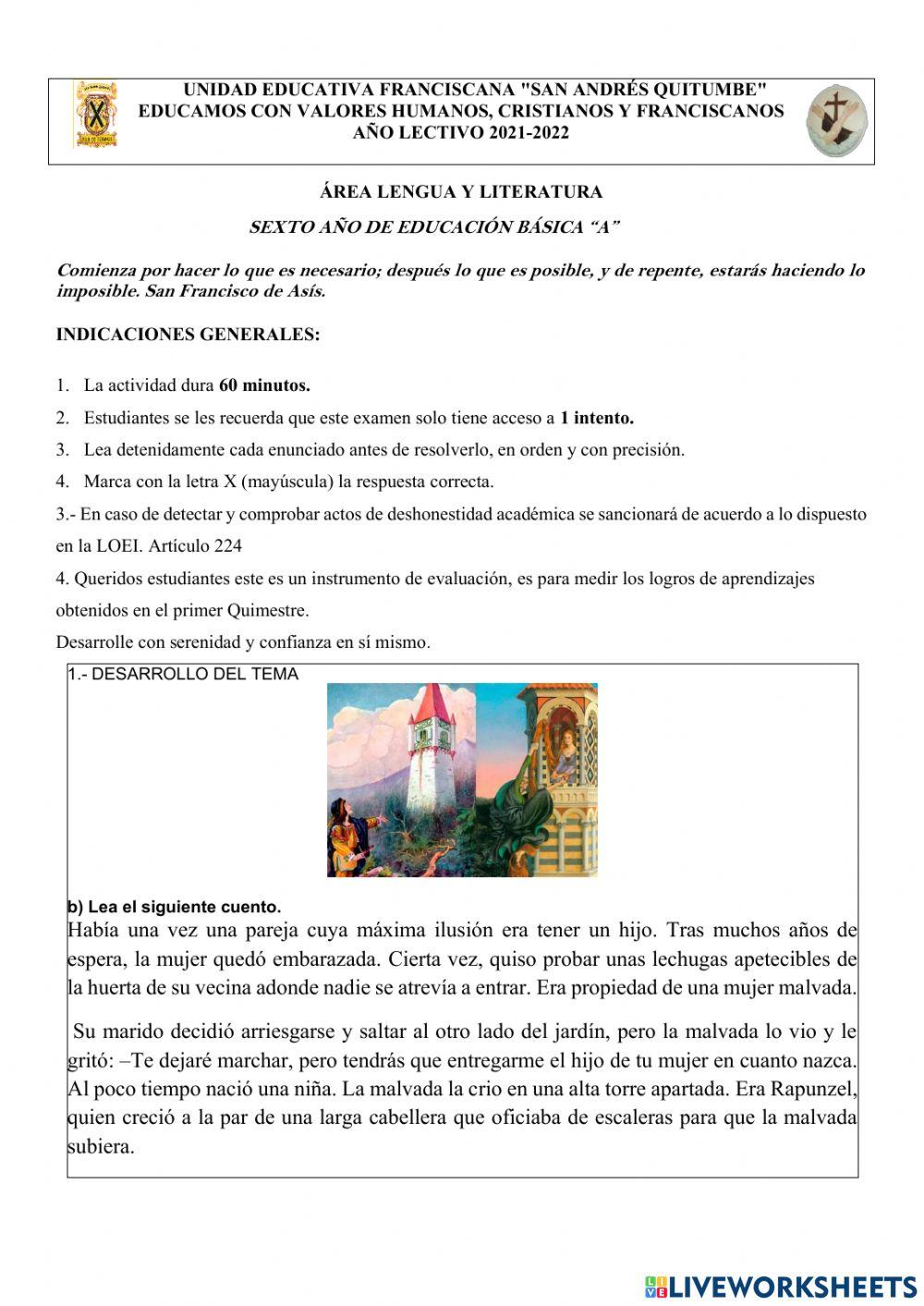 Examen Quimestral de Lengua y Literatura