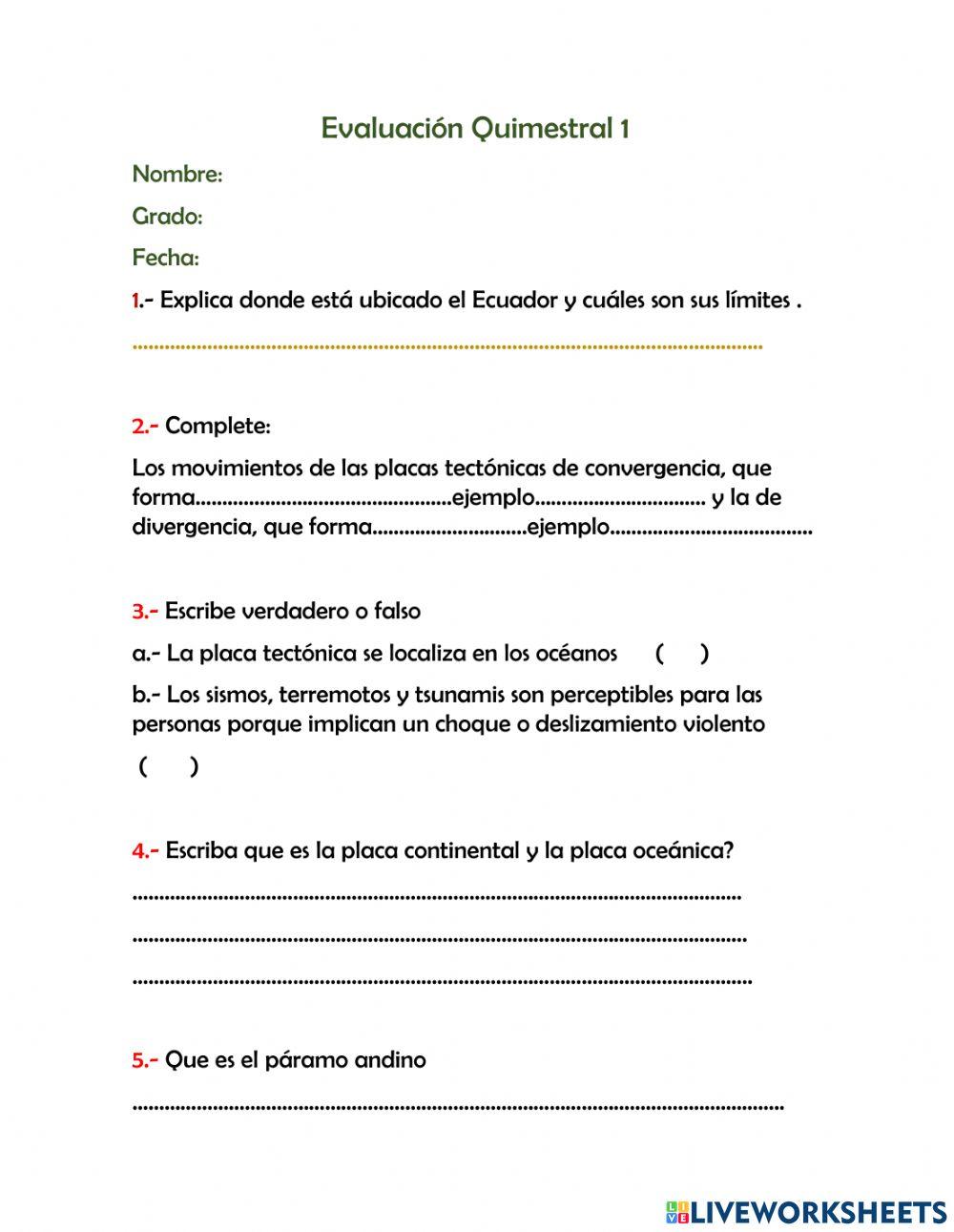 Examen quimestral 1 sociales