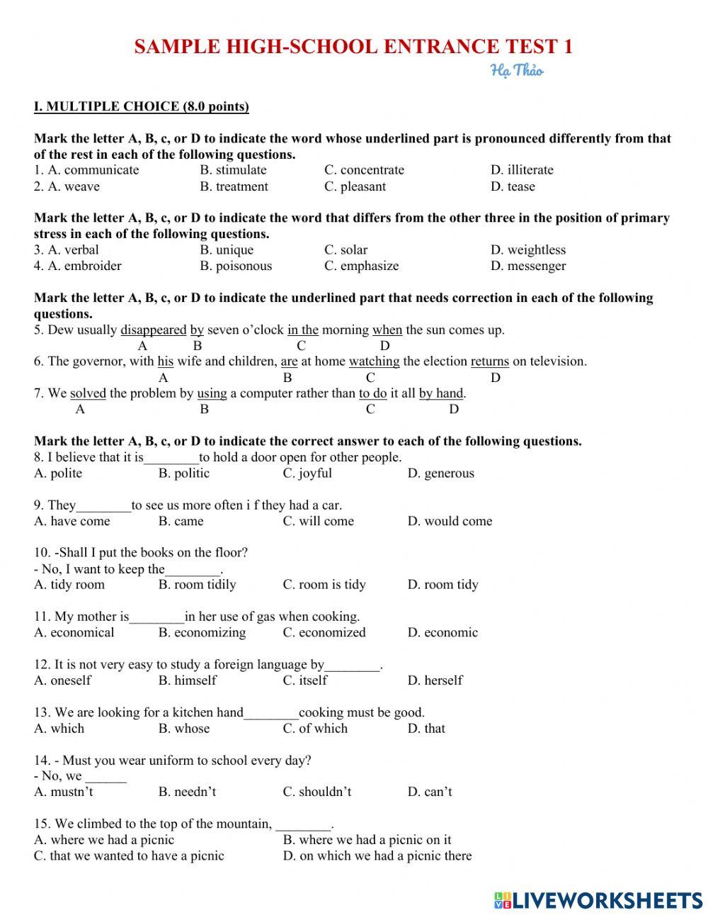 1833098 Sample highschool entrance test 1 Hạ Thảo 1833098 Sample highschool entrance test 1 Hạ Thảo