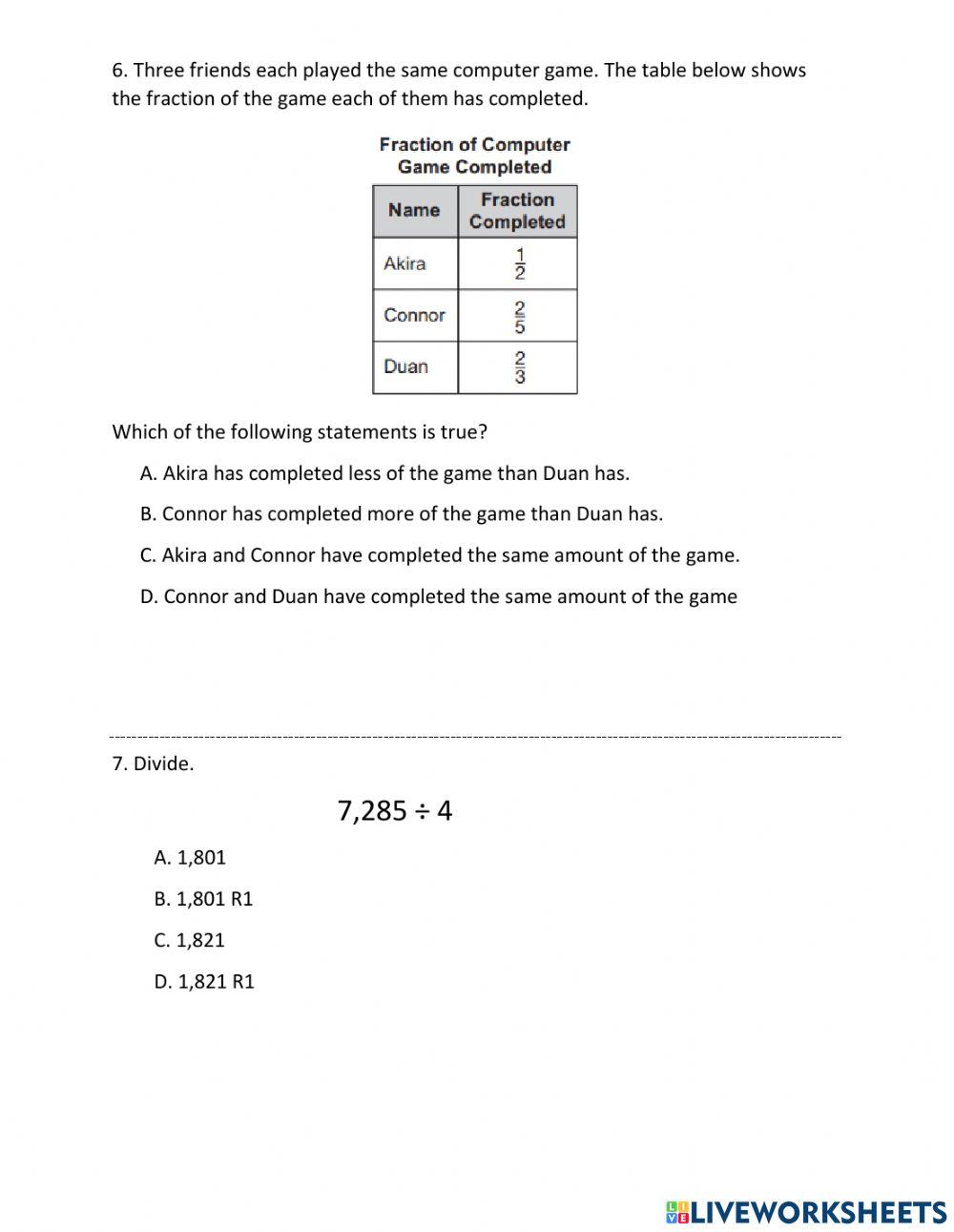 5th Grade Math assessment 