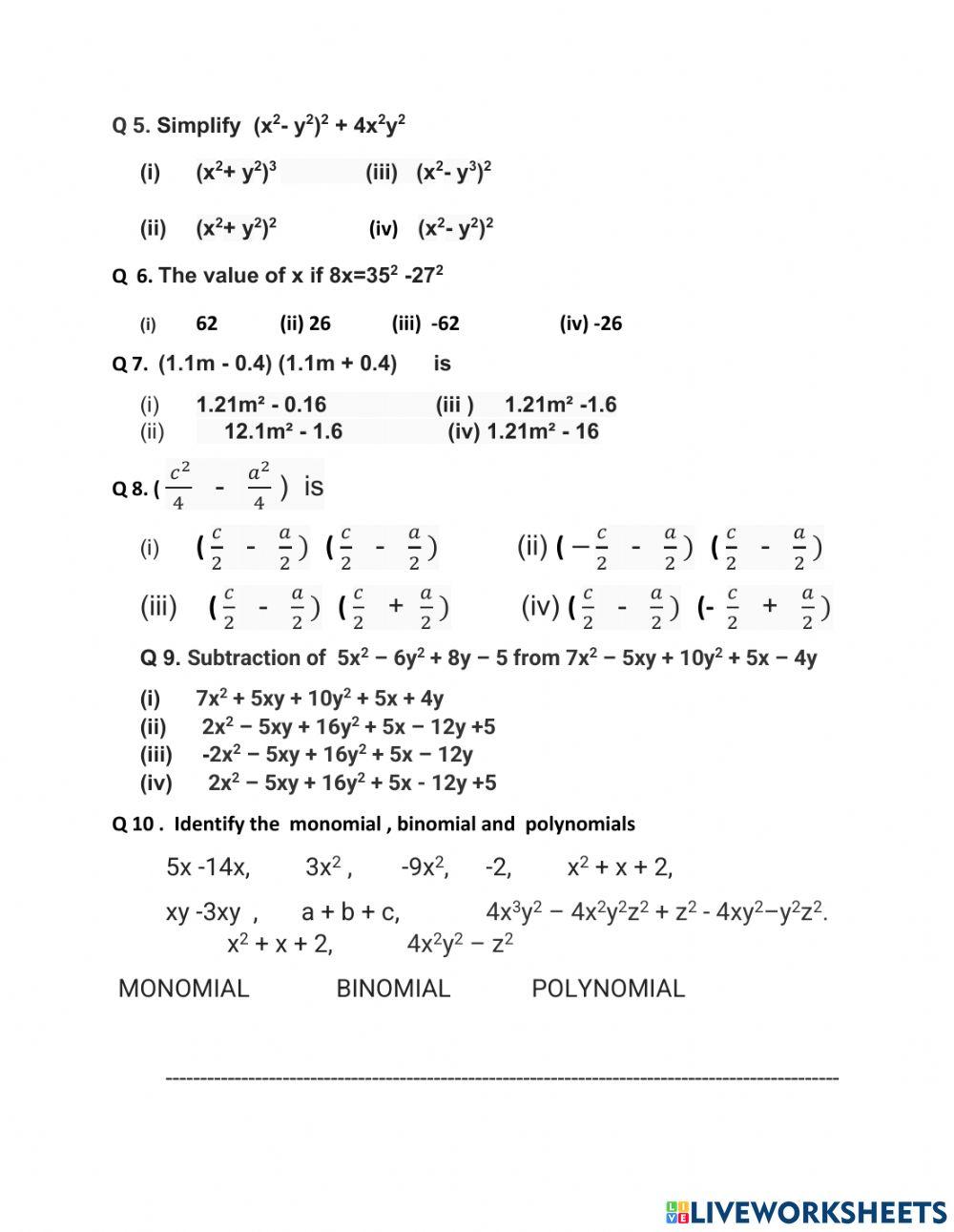 Worksheet On Algebraic Identities Class 8