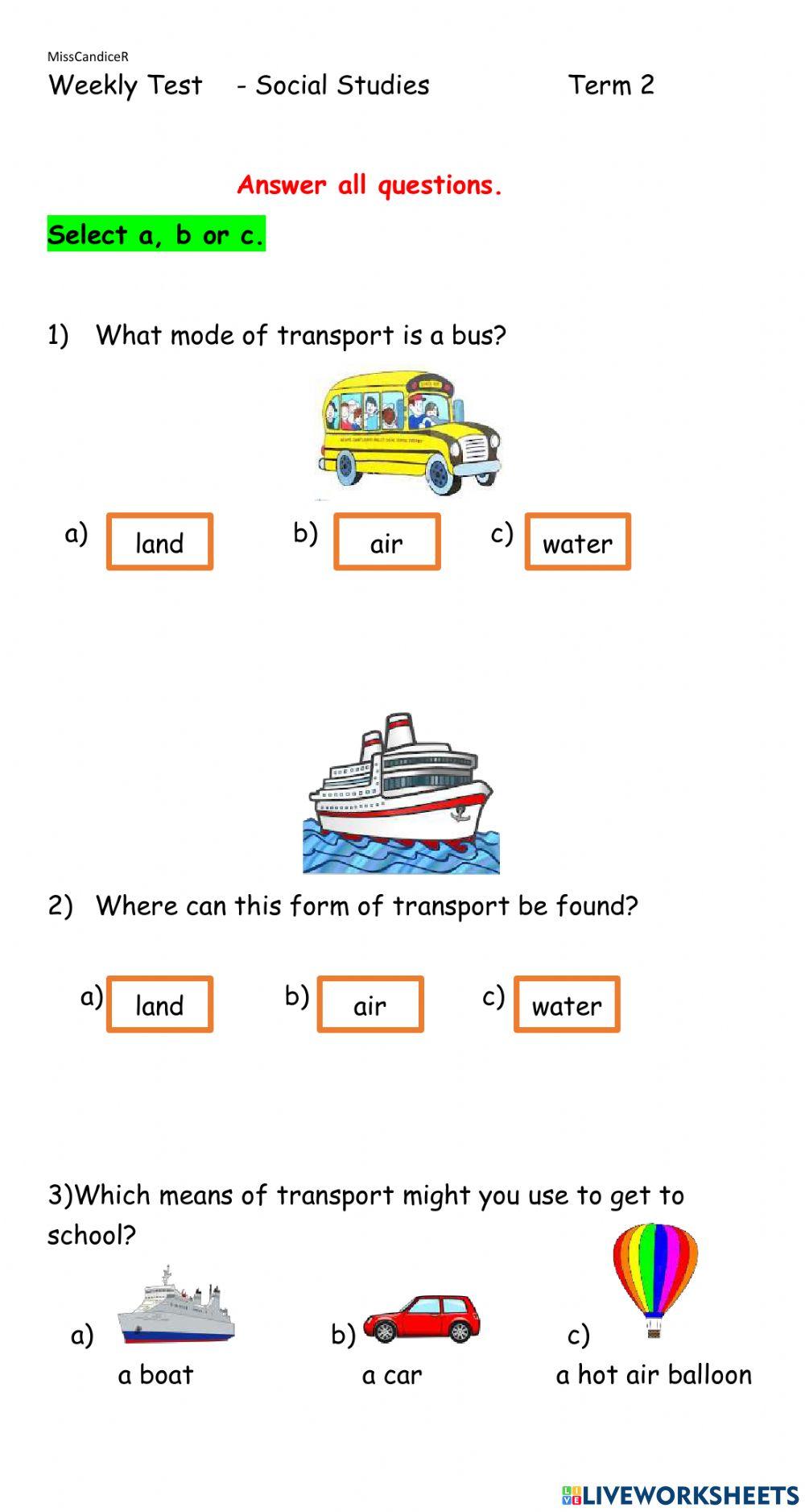 Social Studies Transportation Weekly Test online exercise for | Live ...