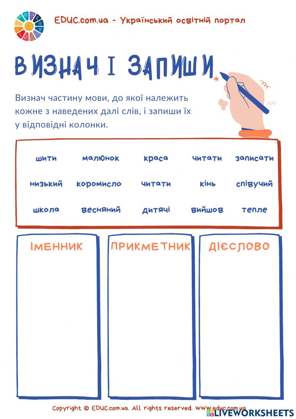 Визнач частини мови