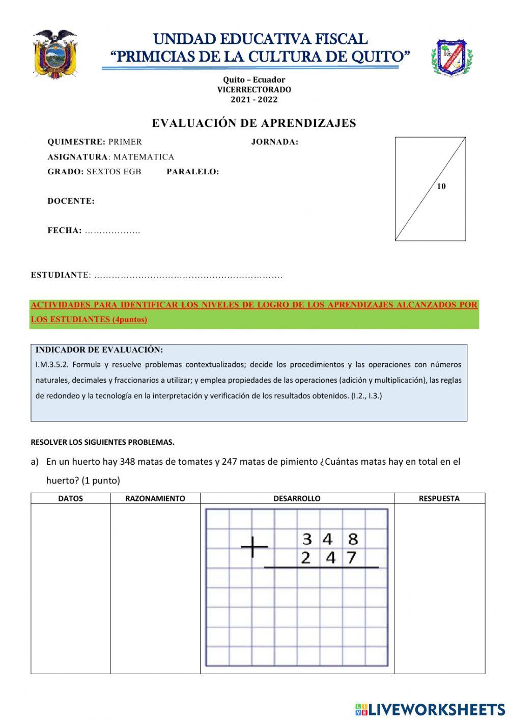 Examen primer quimestre matematica