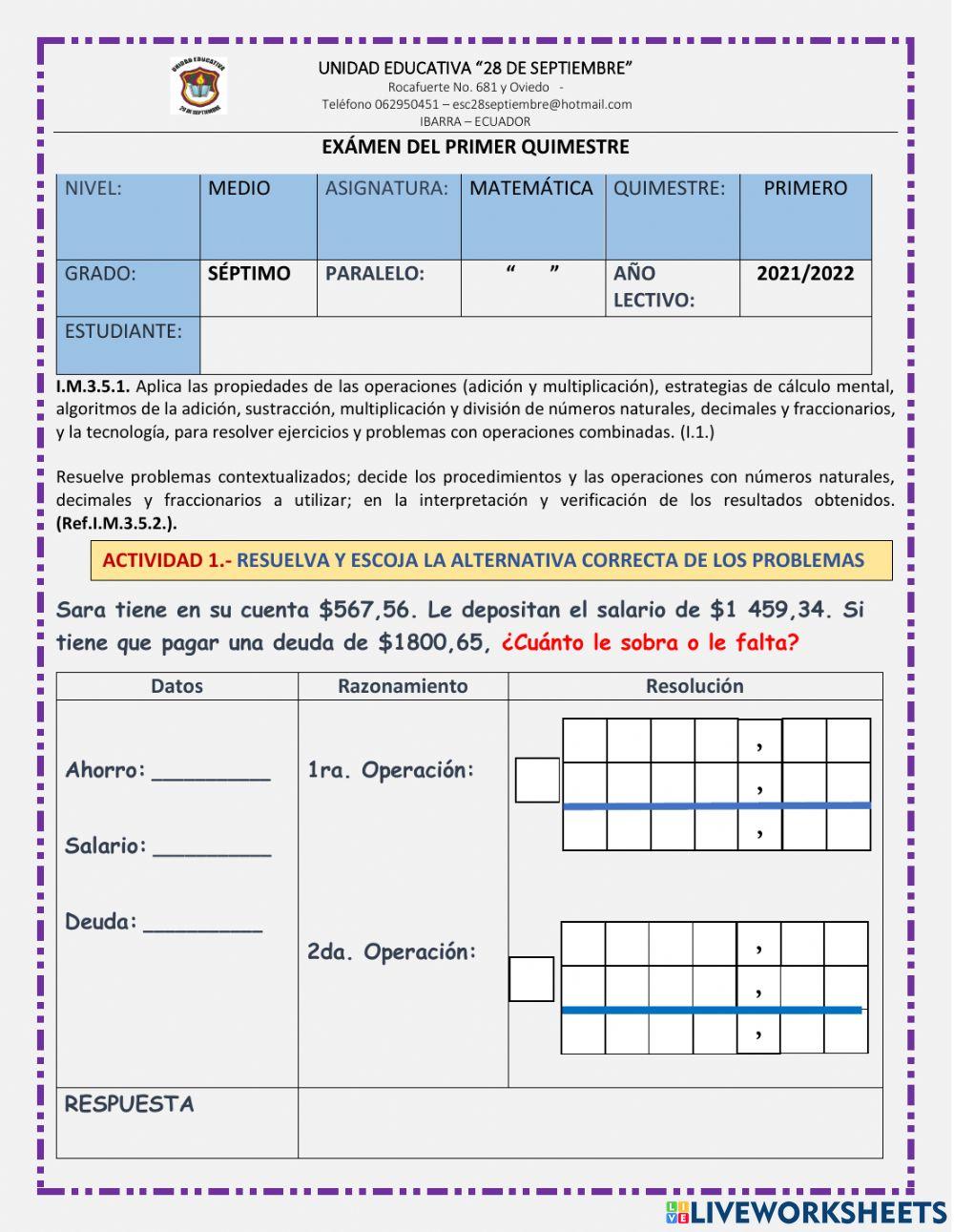 Evaluación de matemática