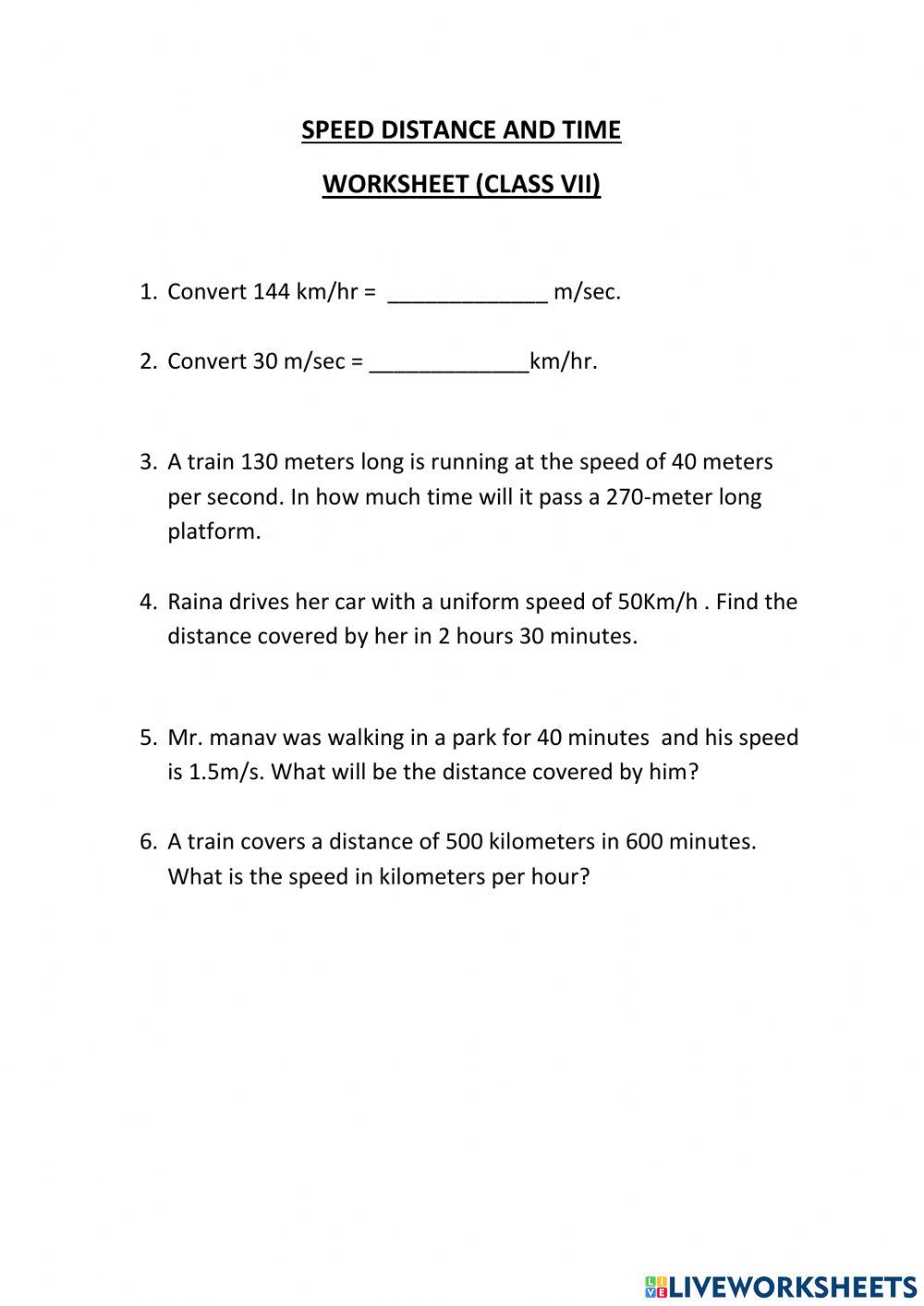Speed Time And Distance Worksheet in 2023  Time worksheets, Worksheets,  Math practice worksheets