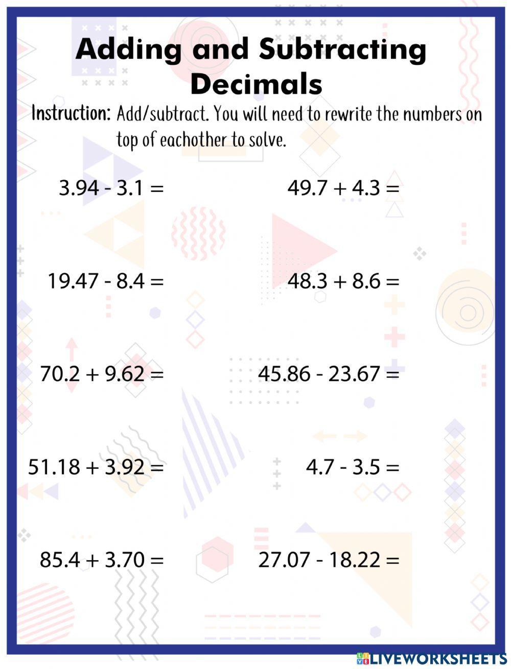 Adding and Subtracting Decimals Adding and Subtracting Decimals
