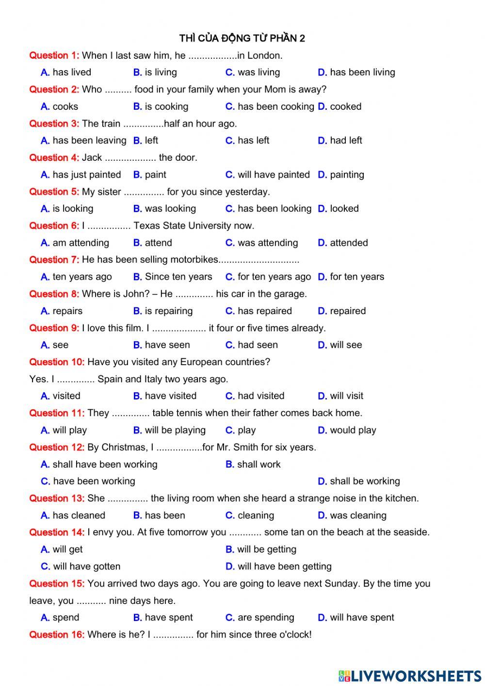 Thì của động từ phần 2