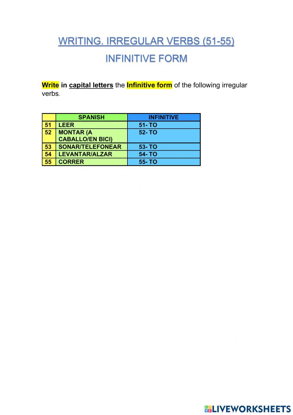 10-IRREGULAR VERBS. INFINITIVE. 51-55. WRITING