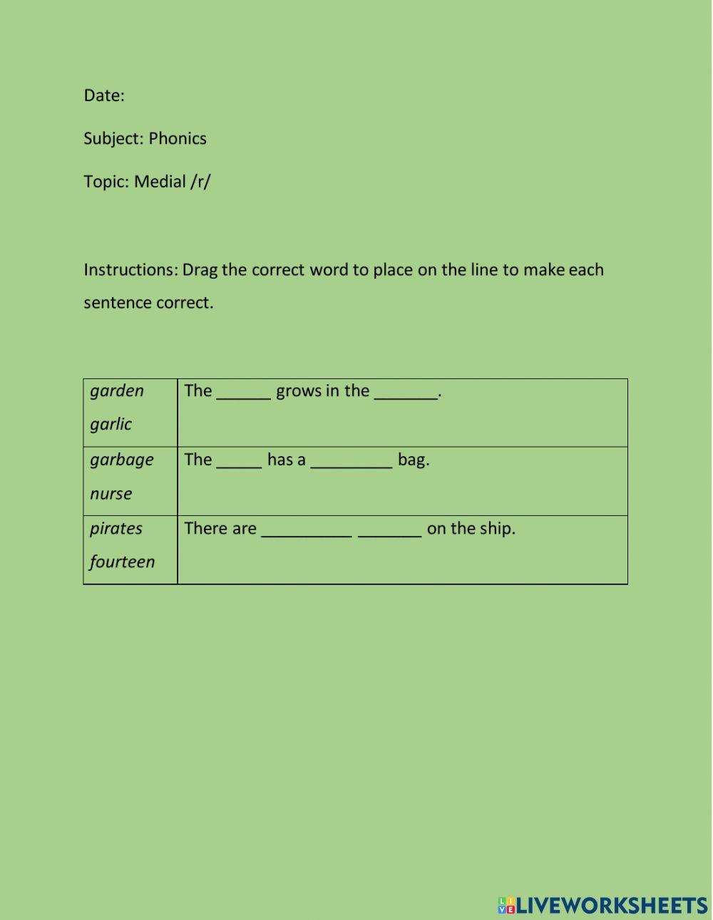Medial -r- worksheet