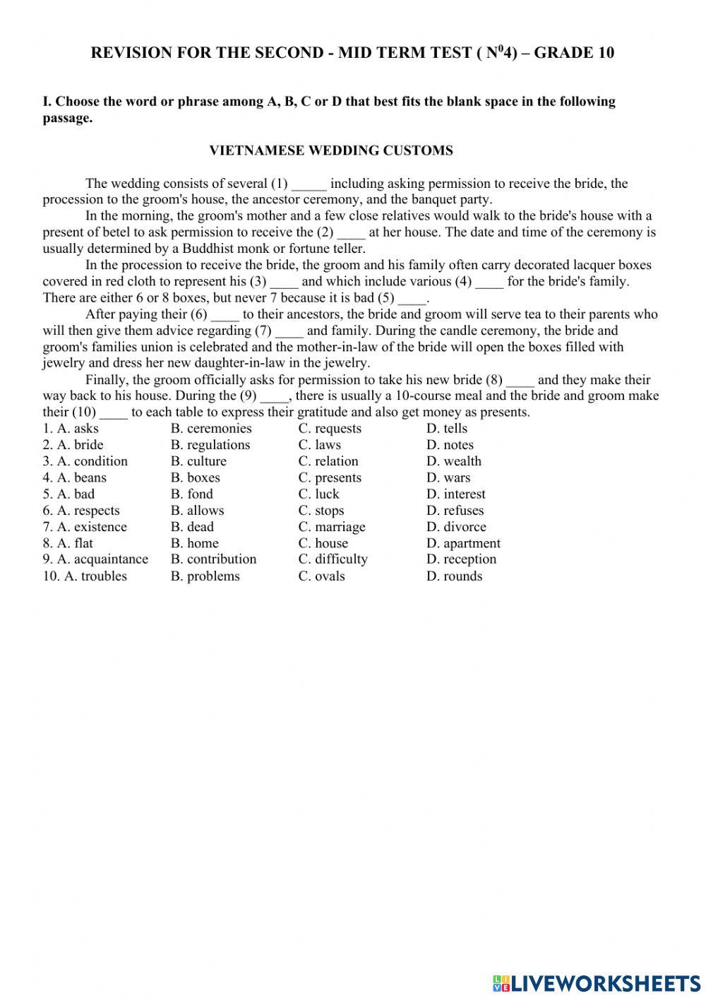 Revision for the second - mid term test ( n04) – grade 10