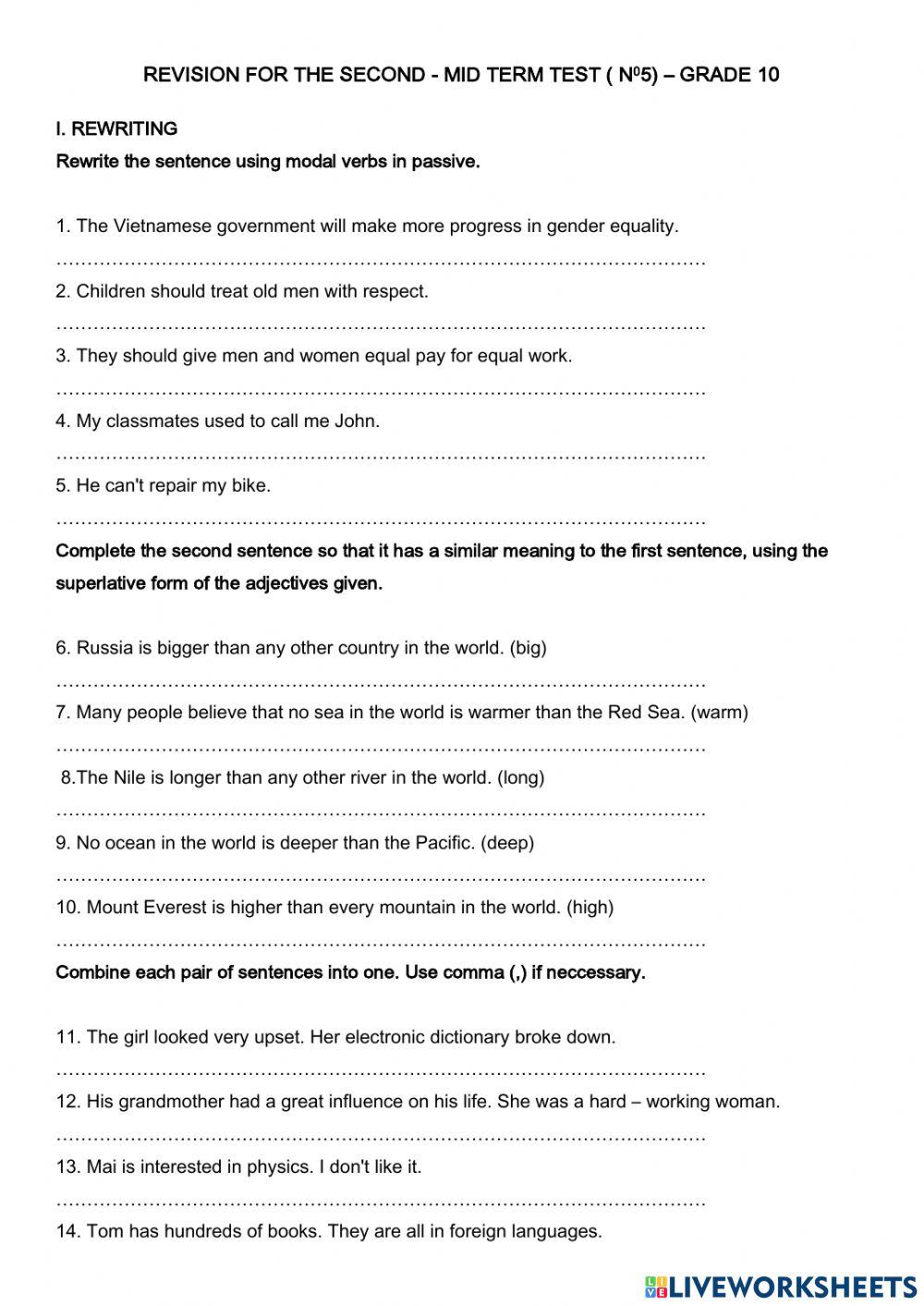 Revision for the second - mid term test ( n05) – grade 10