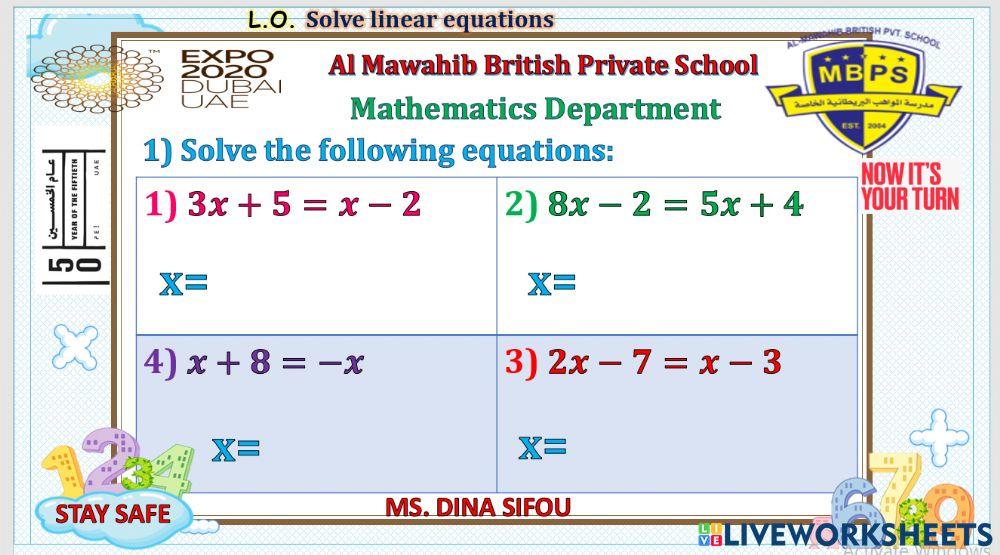 Solving linear equations worksheet | Live Worksheets
