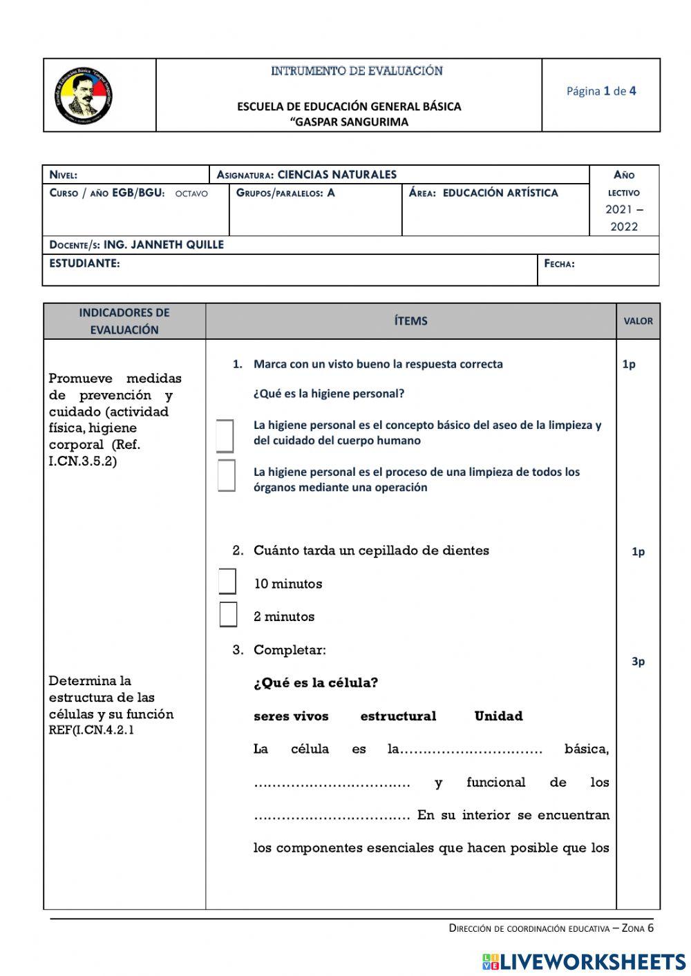 Instrumento de  evaluación de octavo del  primer quimestre