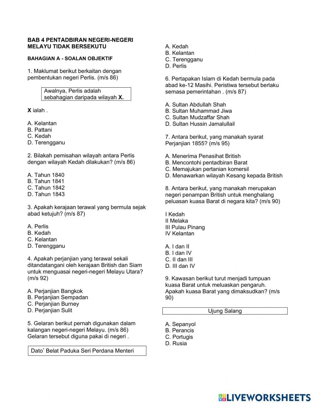 Sejarah tingkatan 3 BAB 4 – PENTADBIRAN NEGERI-NEGERI MELAYU TIDAK BERSEKUTU