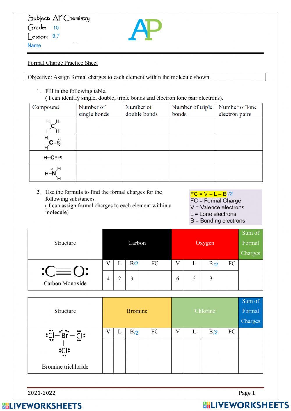 Lewis structure and Formal charges online exercise for Live Worksheets