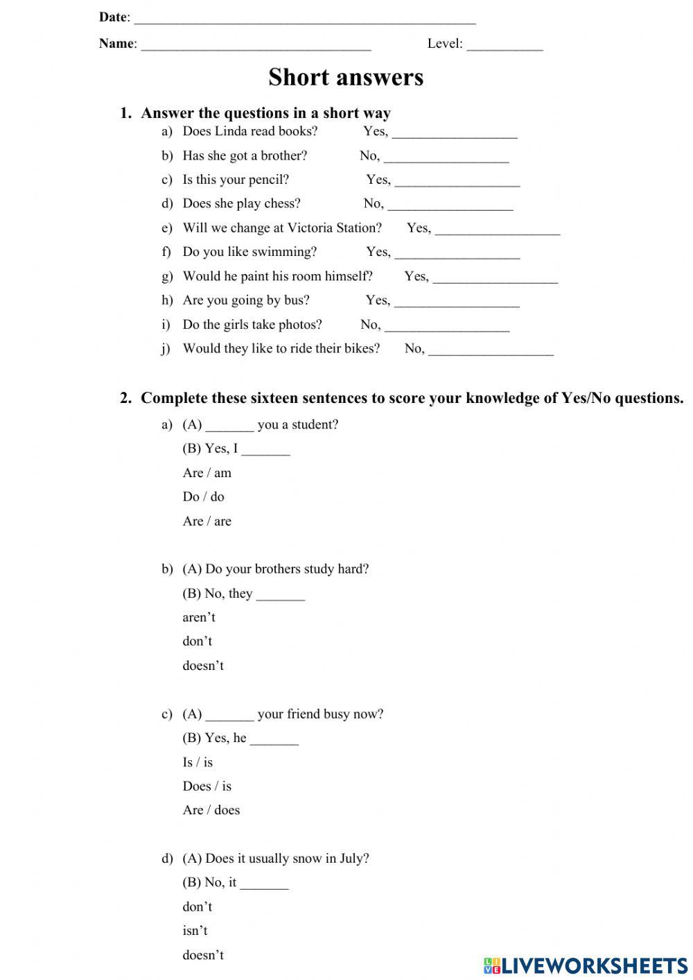 Short Answers Short Answers