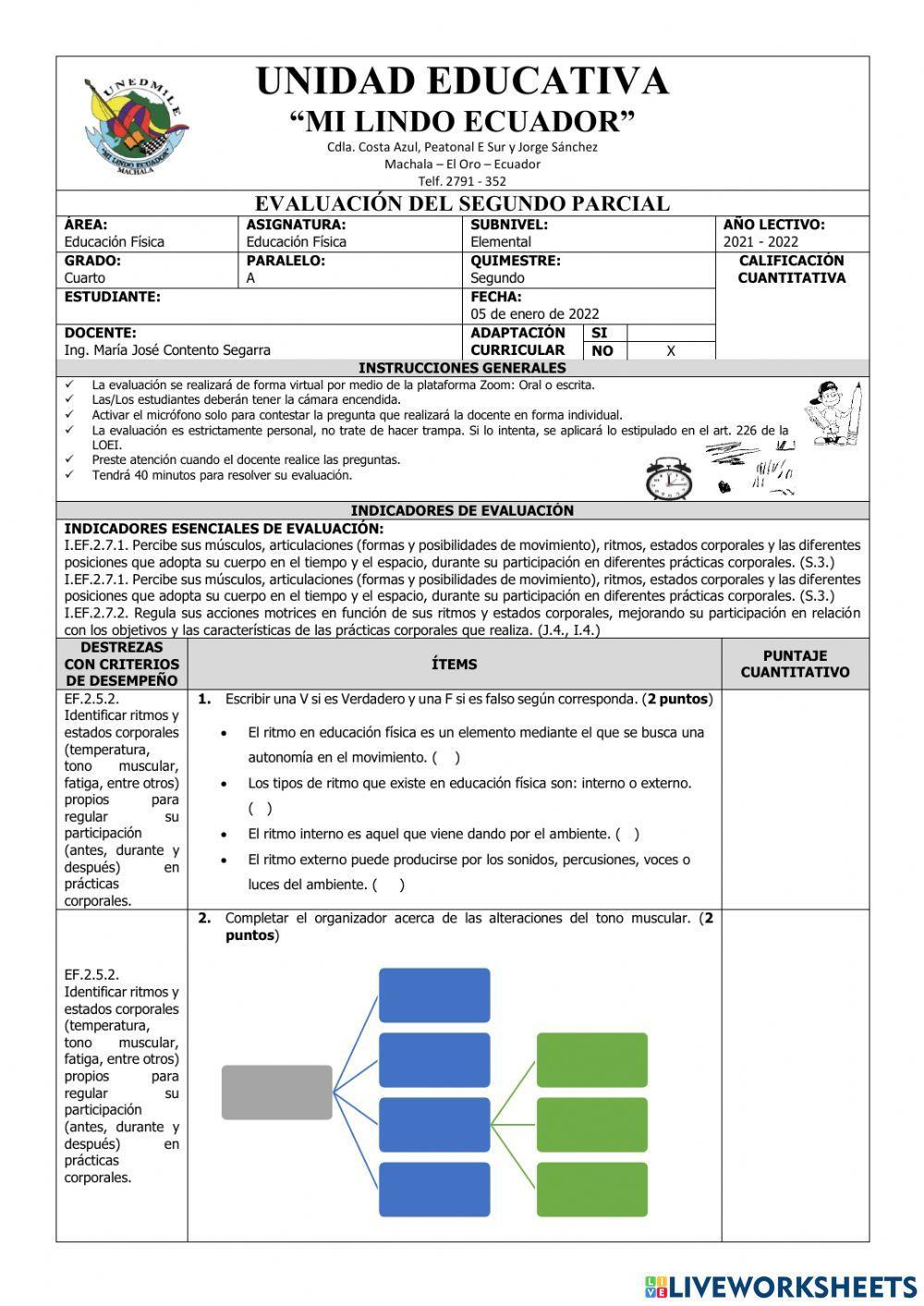 Evaluación de Educación Física del Segundo Parcial del Segundo Quimestre