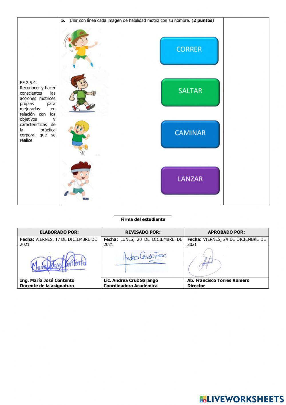 Evaluación de Educación Física del Segundo Parcial del Segundo Quimestre