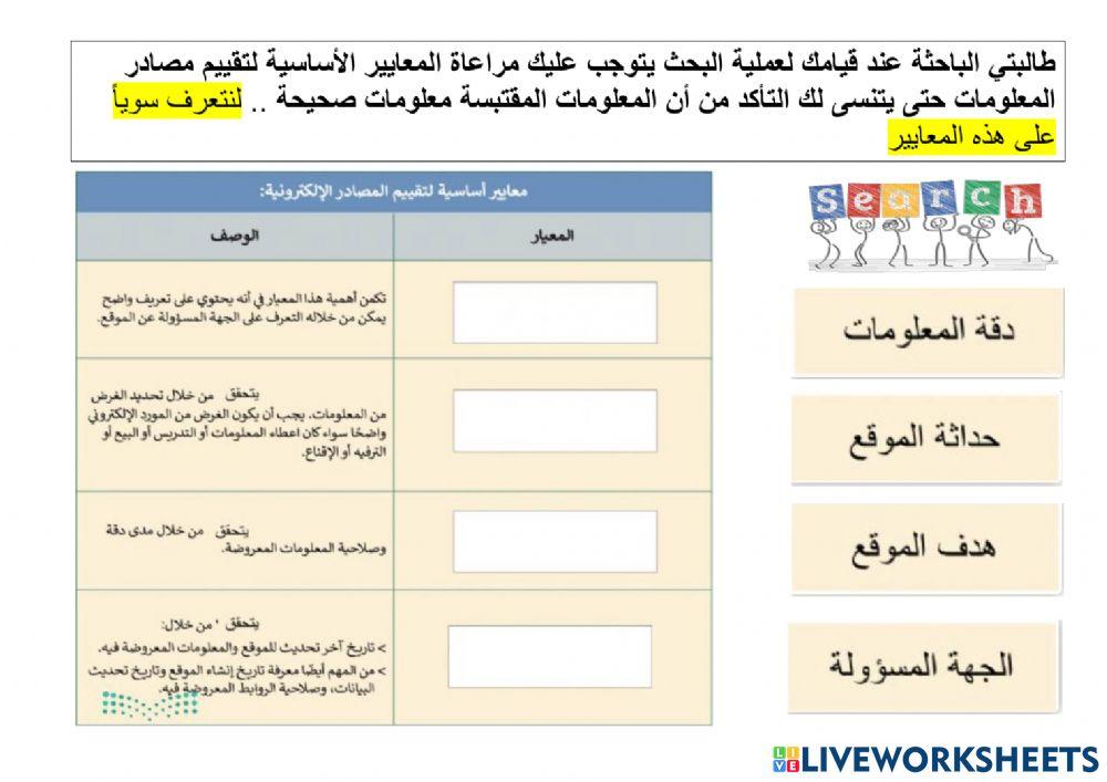 نشاط التعرف على المعايير الاساسية لاستخدام مصادر الالكترونية