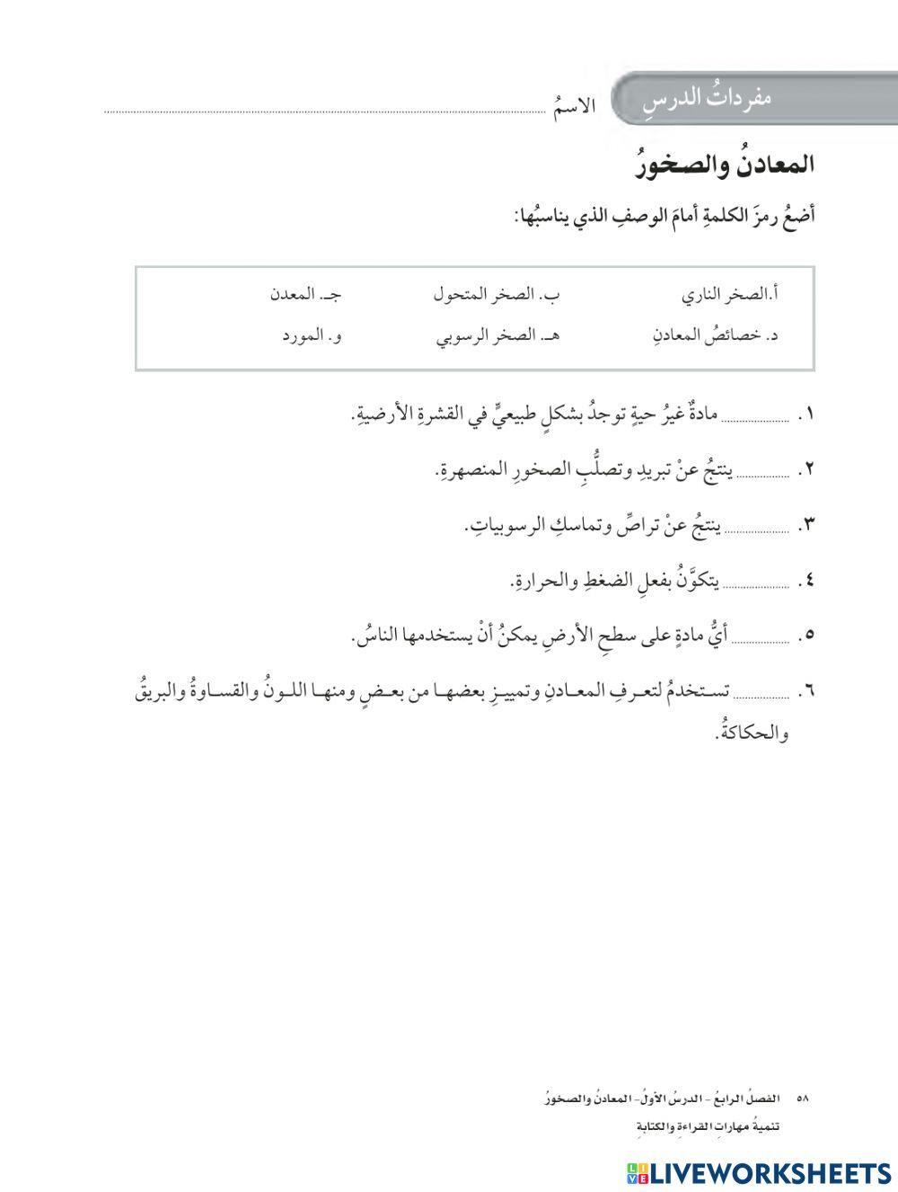 مفردات المعادن والصخور علوم رابع