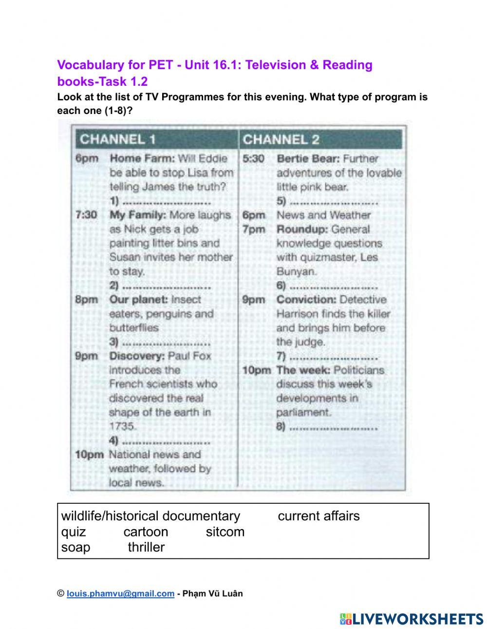 Vocabulary for PET - Unit 16.1: Television & Reading books-Task 1.2