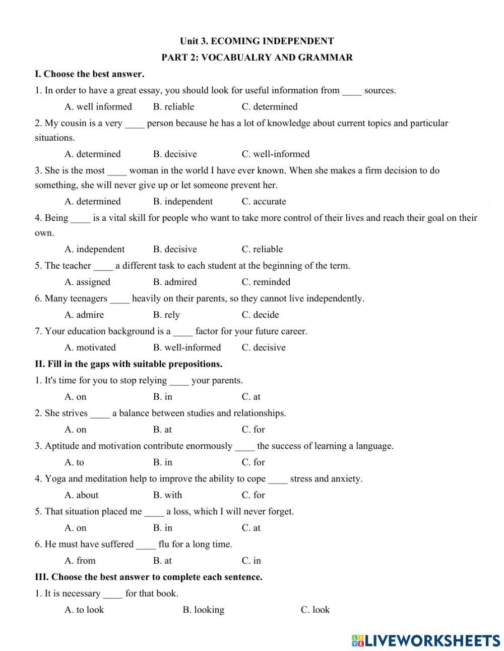 Unit 3. ECOMING INDEPENDENT  PART 2: VOCABUALRY AND GRAMMAR