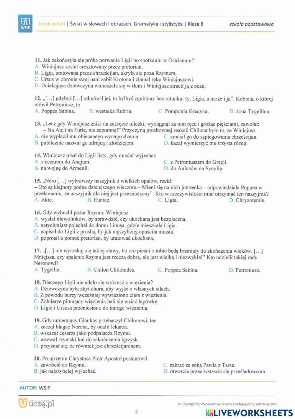Quo Vadis Sprawdzian Po Omówieniu Lektury Quo vadis - kartkówka | michal_sp | Live Worksheets