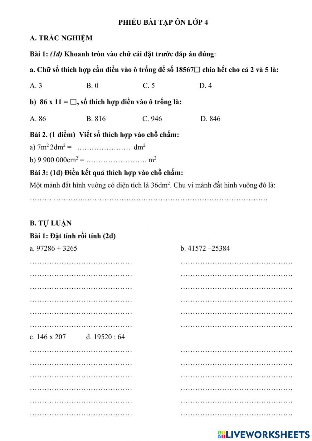 Phiếu ôn toán lớp 4