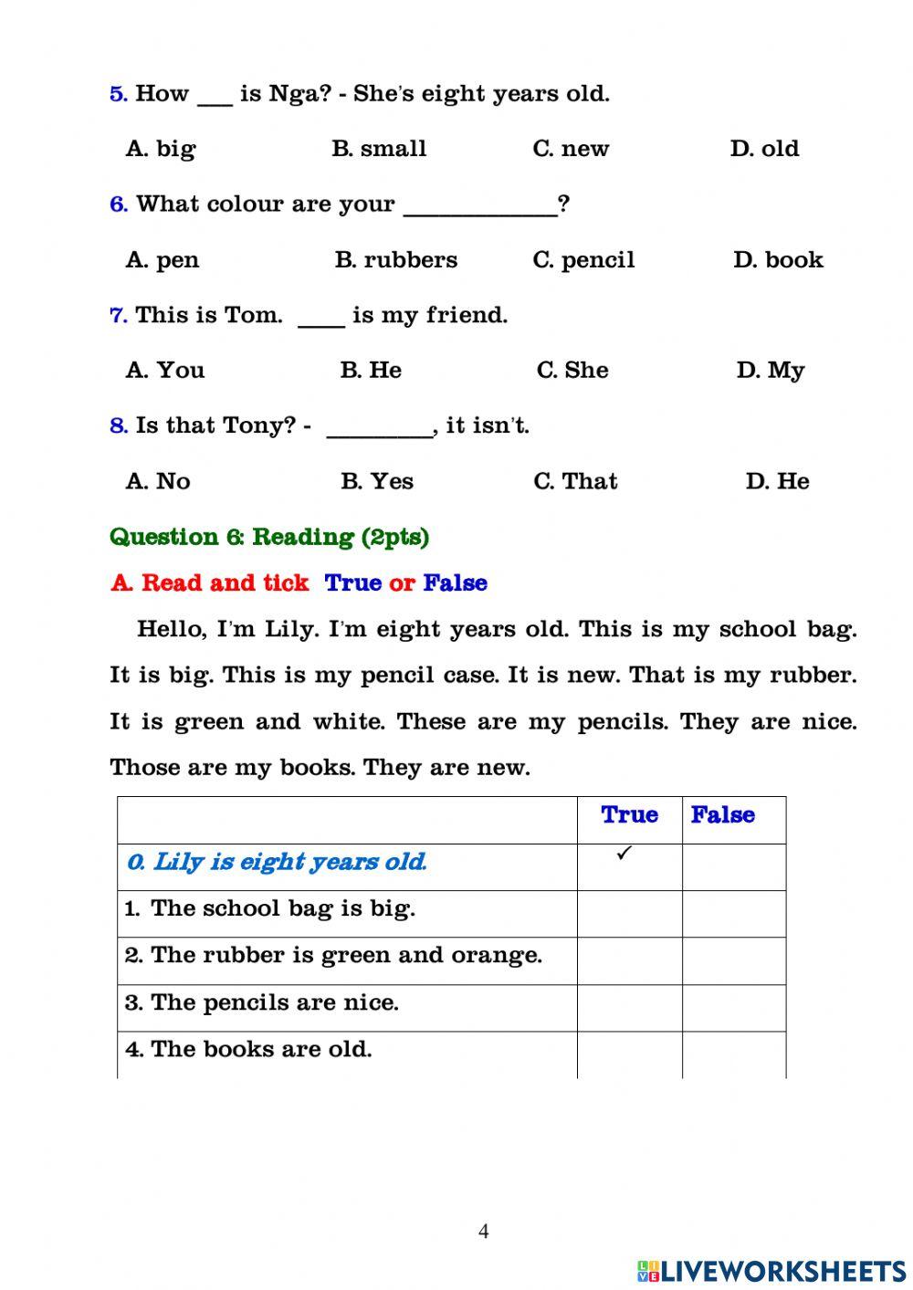 English Test- Grade 3- The First Semester.