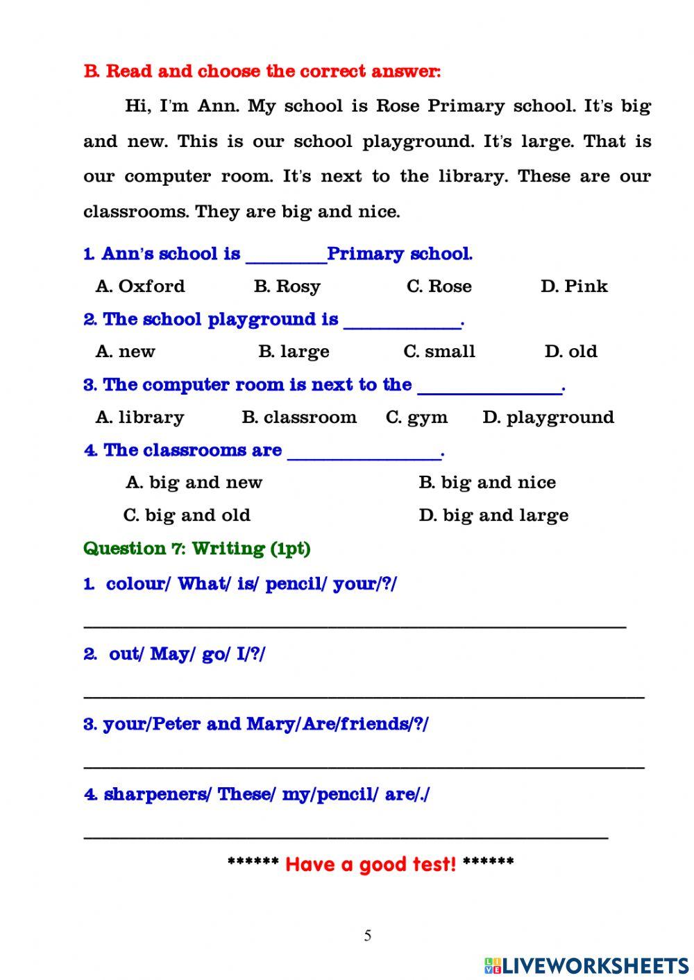 English Test- Grade 3- The First Semester.