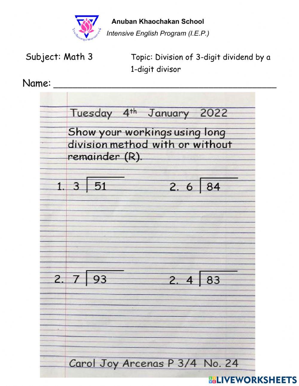 Division 3digit dividend by 1digit divisor