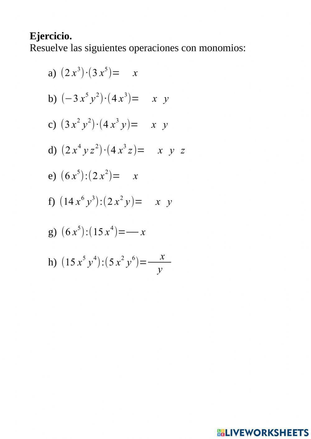 Producto y cociente de monomios