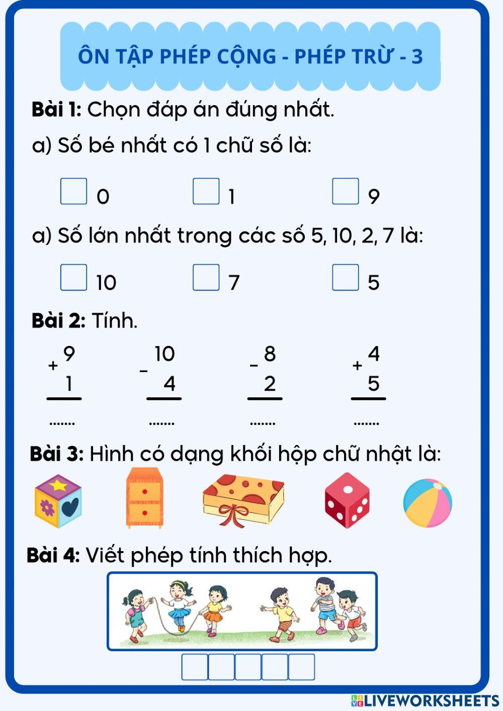 Ôn tập toán - phép cộng - phép trừ - 3