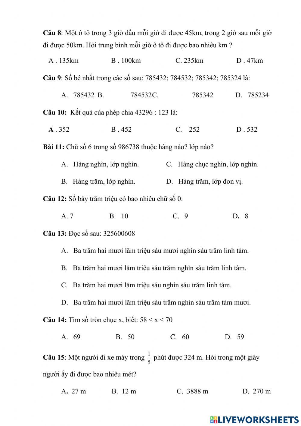 Đề ôn toán lớp 4 đề 2